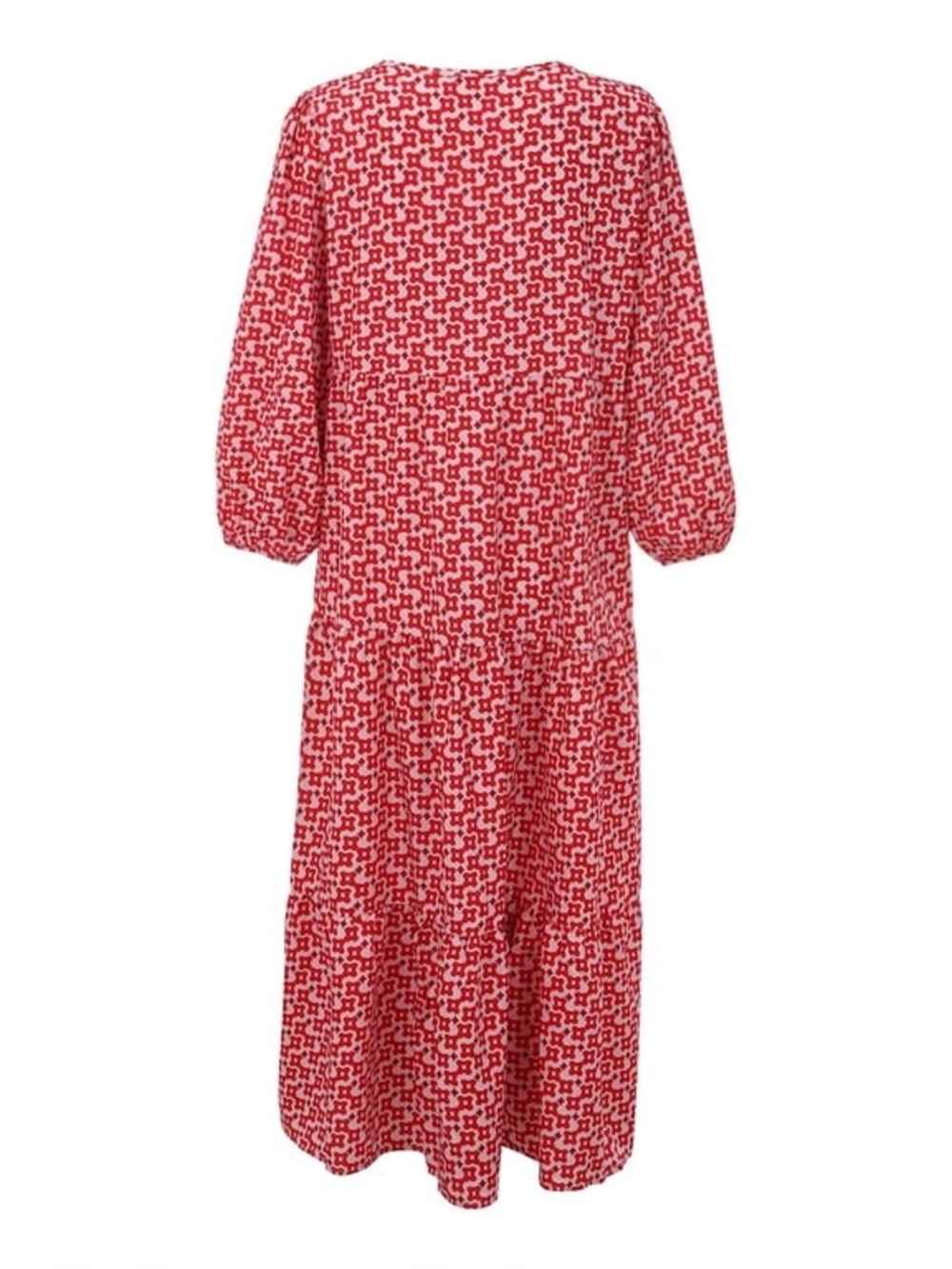 Boho Red & White Geometric Print Half-Sleeve Tiered Maxi Dress - Picture 3 of 8